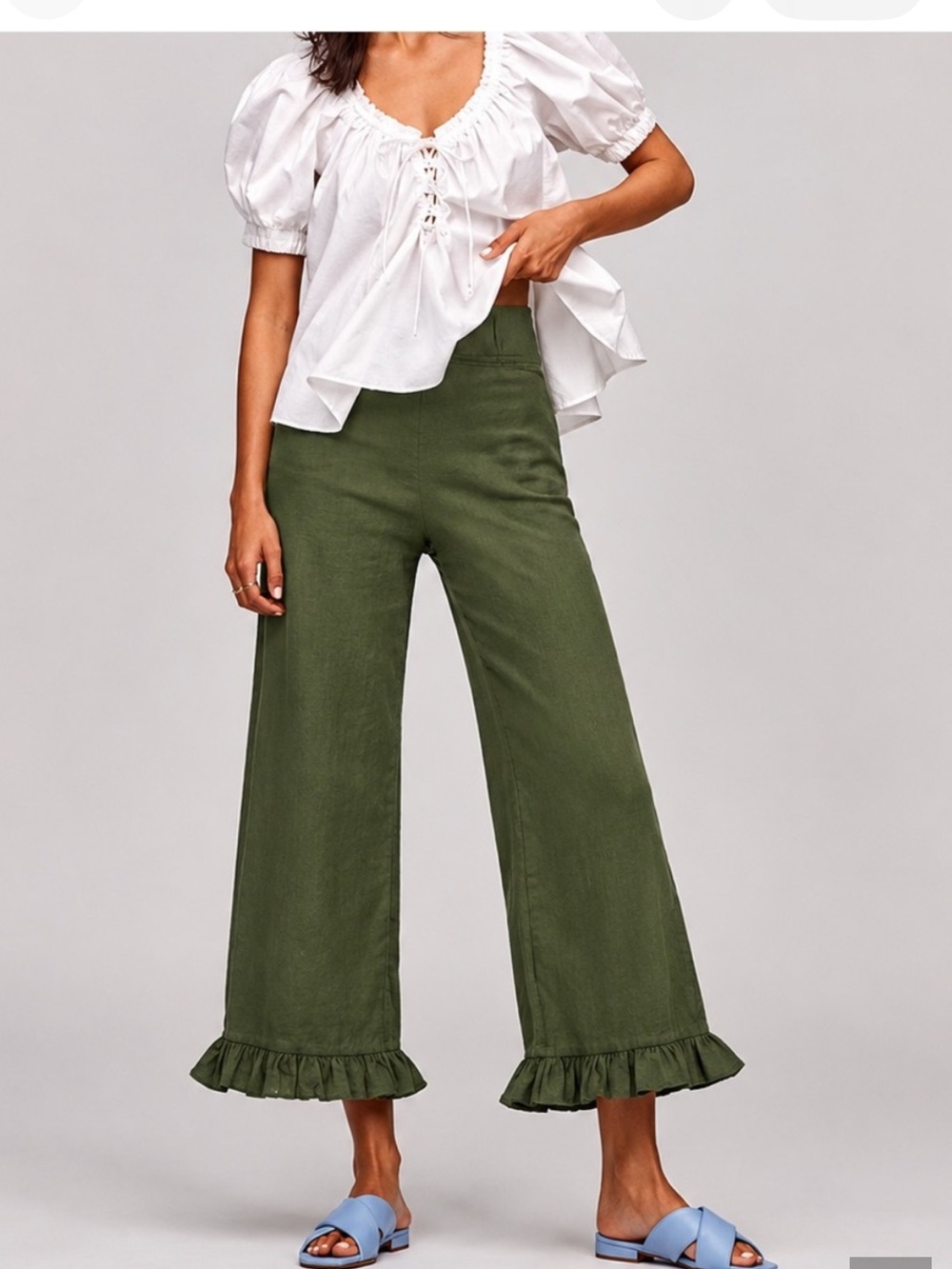 Maeve Olive Green Wide-Leg Pants with Ruffle Hem